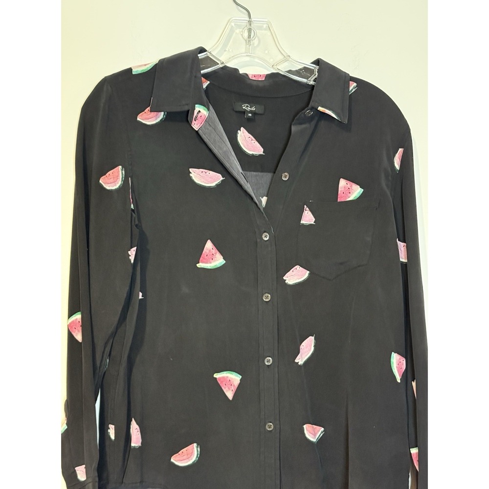 Rails Kate Watermelon Print Black Button Down Silk Top Shirt Sz XS Novelty - Picture 2 of 9
